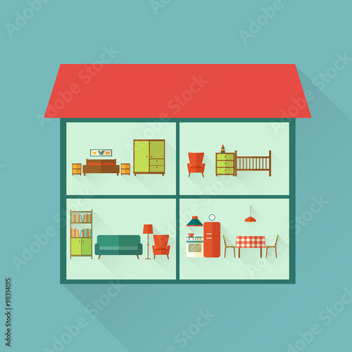 Small house in cut. Detailed modern house interior. Rooms with furniture. Flat style vector illustration.