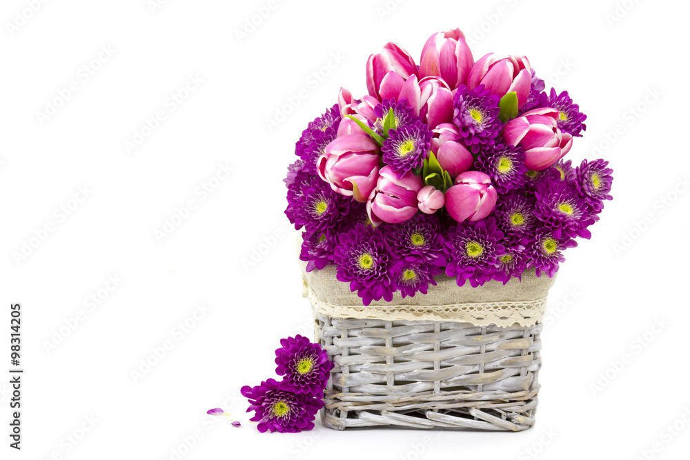 Bouquet made of tulips and chrysanthemum flowers