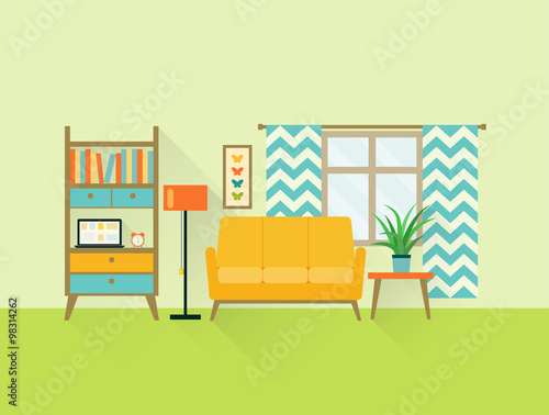 flat retro living room with sofa, window and bookcase. vector illustration