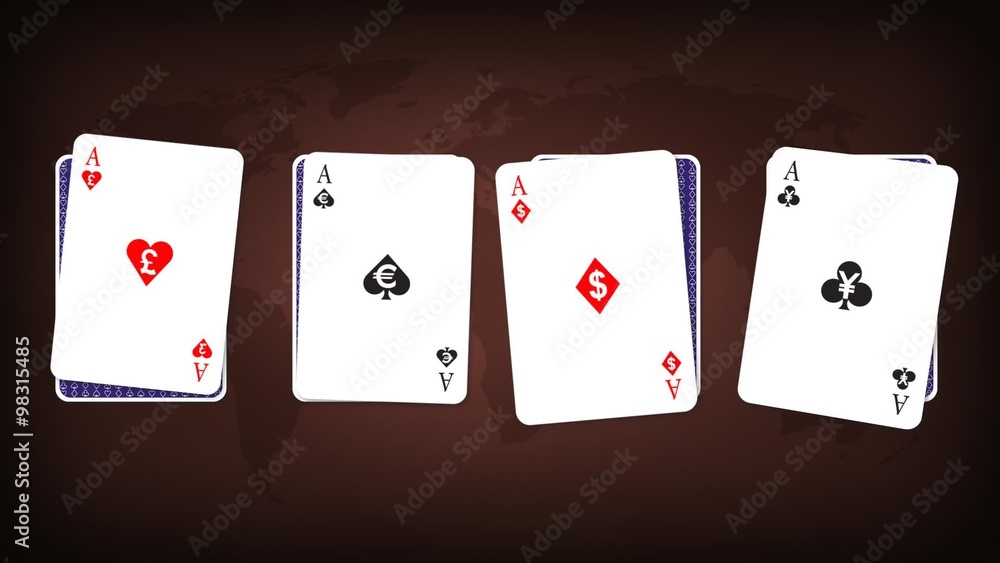 Currency units playing cards falls on the poker table Currency units playing cards falls on the poker table
