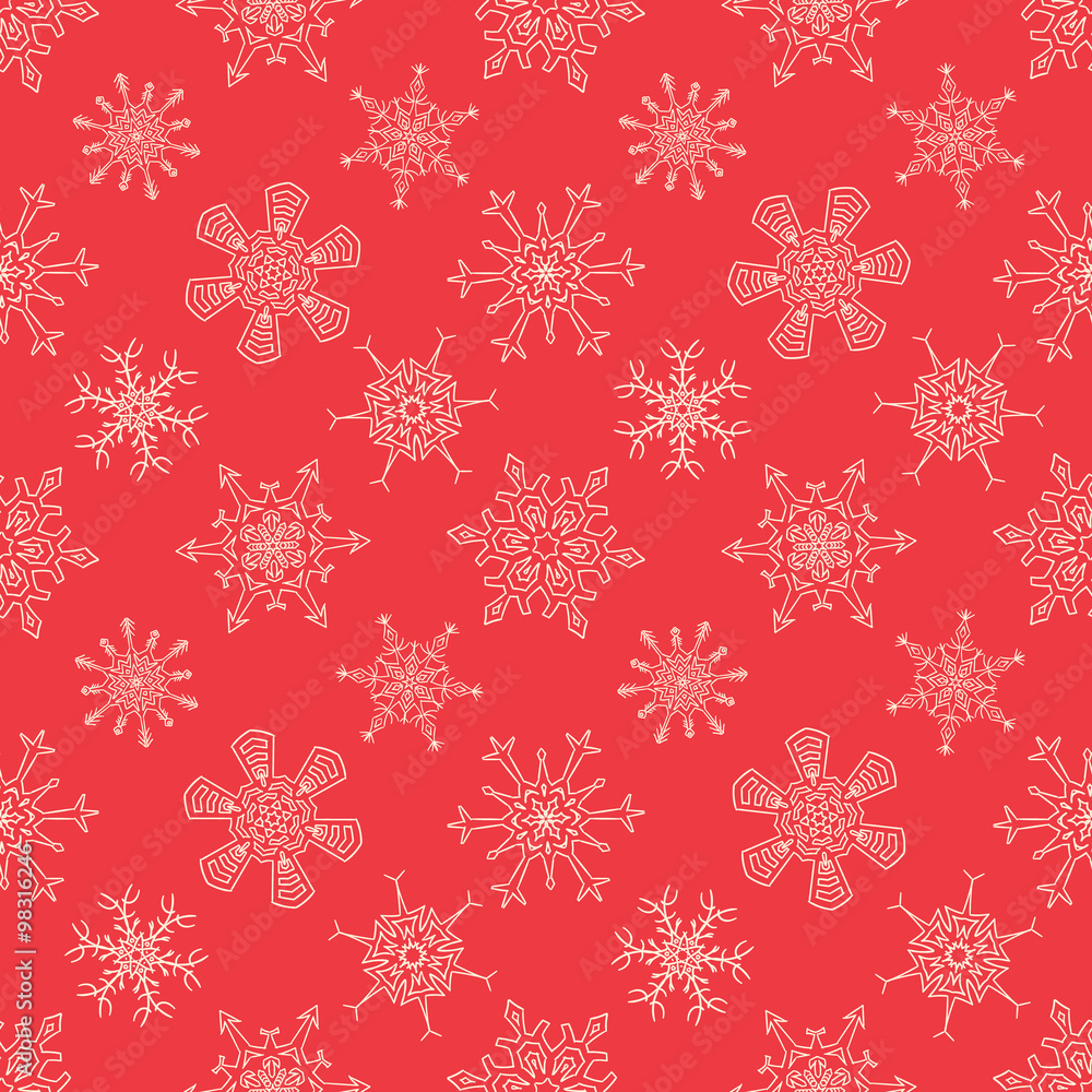 Seamless Christmas red pattern with drawn snowflakes Seamless Christmas red pattern with drawn snowflakes