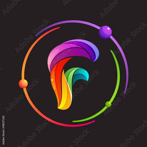 F letter logo with atomic or space orbits.