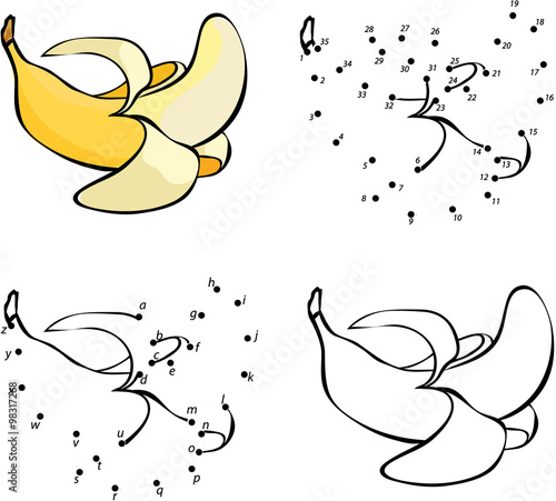 Cartoon yellow banana. Vector illustration. Coloring and dot to