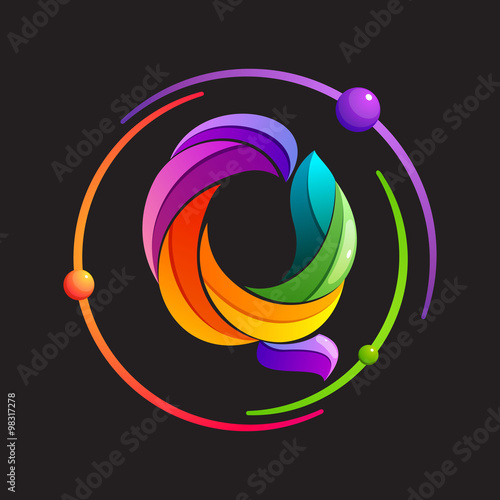Q letter logo with atomic or space orbits.