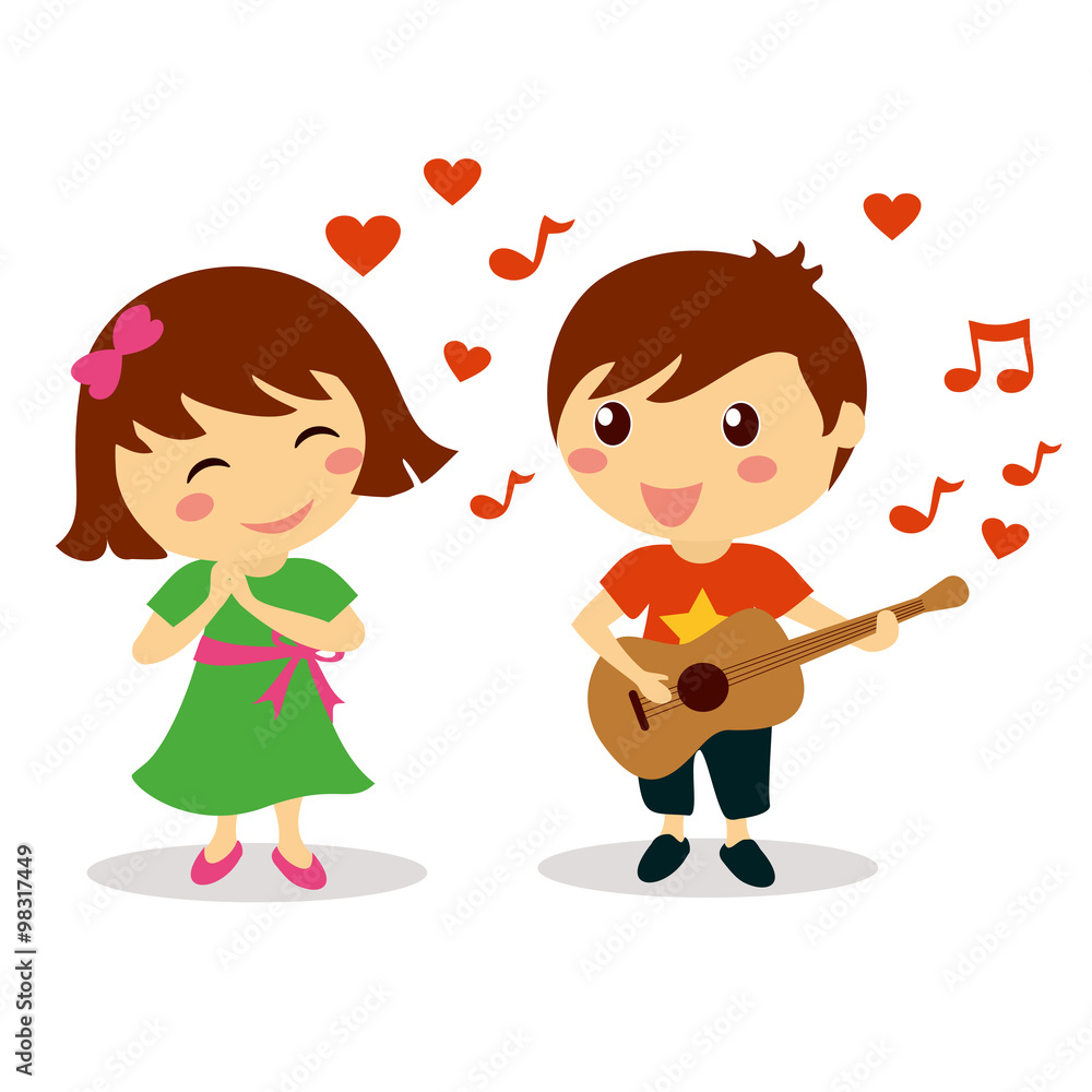 Cute boy singing a love song to beautiful smiling girl for valentine day Cute boy singing a love song to beautiful smiling girl for valentine day