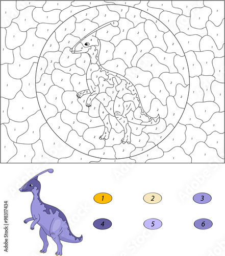 Color by number educational game for kids. Cartoon Parazaurolof. photo