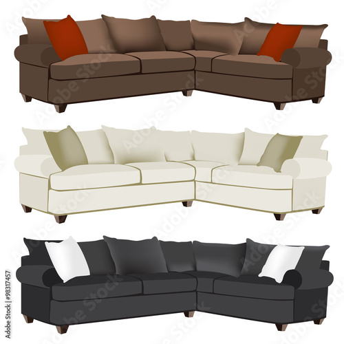 Modern or Contemporary Red, White, Black, or Cream Microfiber or Leather Sectional Sofa Tastefully Decorated with Contrasting Pillows