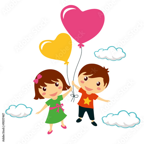 Funny smiling children holding heart balloons, valentine day