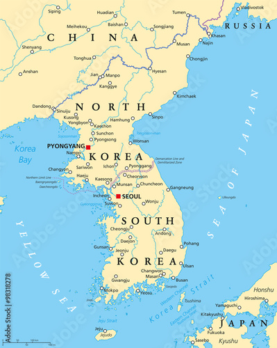 Korean peninsula political map with North and South Korea and the capitals Pyongyang and Seoul, national borders, important cities, rivers and lakes. English labeling and scaling. Illustration. photo