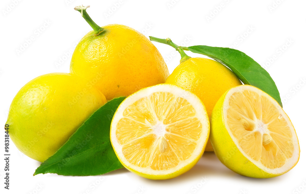 three half lemons and whole on a white background three half lemons and whole on a white background