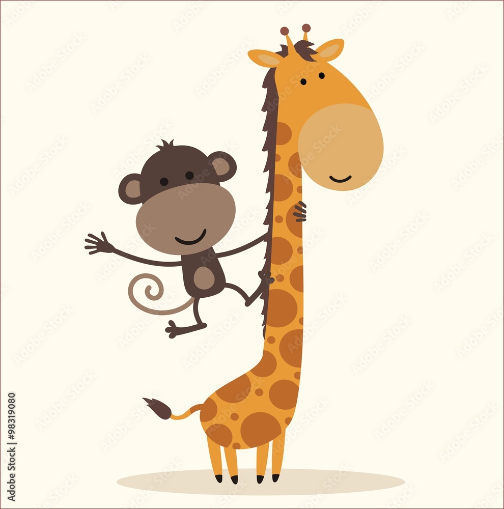 cartoon little monkey hanging on the neck of the giraffe Stock Vector