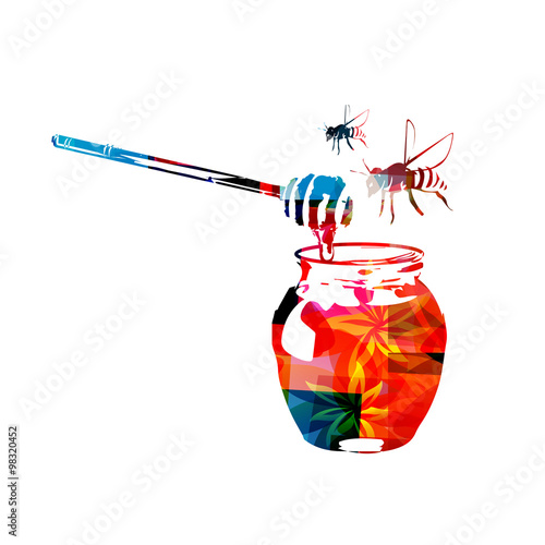 Colorful honey dipper and honey in jar with bees