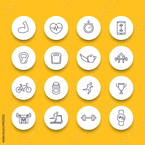 16 fitness, training, gym line round icons, vector illustration