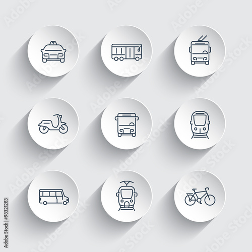 City transport line icons on round 3d shapes, train, bus, taxi, trolleybus, subway, public transport, vector illustration