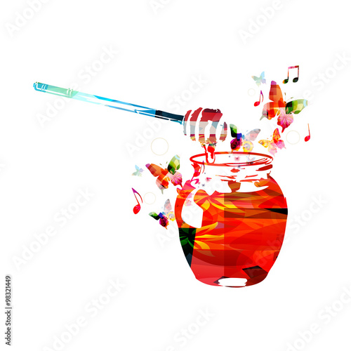 Colorful honey dipper and honey with butterflies