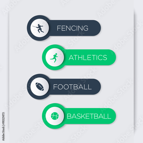 Fencing, Athletics, Football, Basketball labels, banners, tags, vector illustration