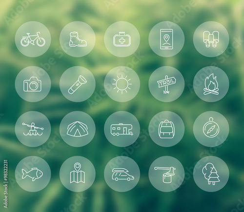Hiking, camping, trekking, adventure line icons, transparent set, vector illustration