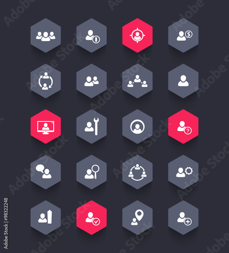 Human resources, hrm, Personnel management, team, hexagon icons, vector illustration