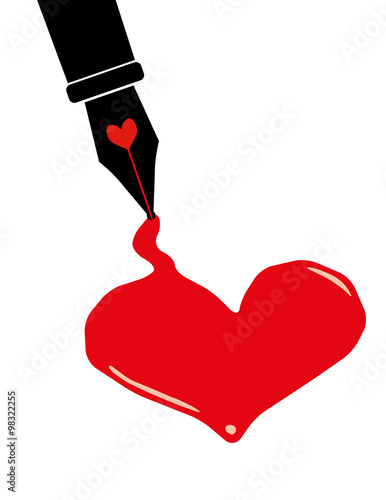 Valentine Day concept with a black fountain pen leaking red ink to form a puddle in the shape of a heart