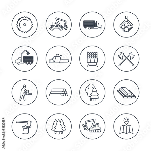 Logging, sawmill line icons in circles, logging truck, tree harvester, timber, lumberjack, wood, lumber, vector illustration