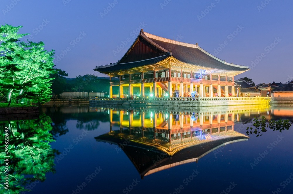 reflection of Gyeongbokgung palace at night in Seoul, South Kore reflection of Gyeongbokgung palace at night in Seoul, South Kore