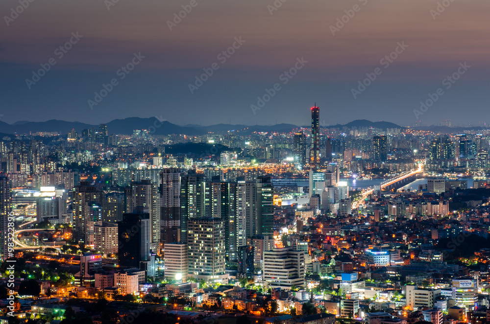 Seoul City skyline at night, South Korea.
