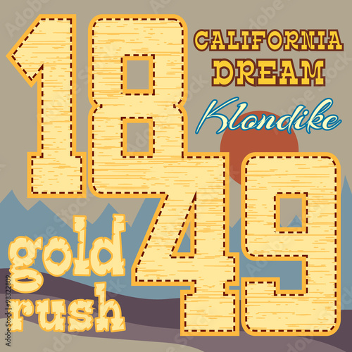 California dream Typography Graphics. Klondike. T-shirt Printing Design for sportswear apparel. CA original wear. Concept in vintage graphic style for print production.  Effect of gold. Vector