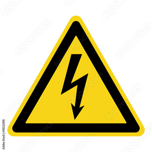 High Voltage Sign. Danger symbol. Black arrow isolated in yellow triangle on white background. Warning icon. Vector illustration  photo