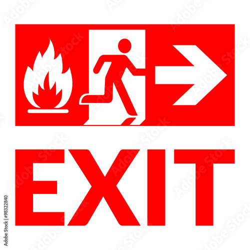 Exit sign. Emergency fire exit door and exit door. Red icon on white background. Safe condition symbol. Label with human figure and arrow. Vector illustration