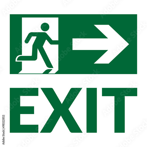 Exit sign with text. Emergency fire exit door and exit door. Green icon on white background. Safe condition symbol. Label with human figure and arrow. Vector illustration