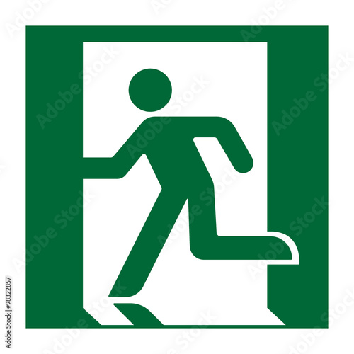 Exit sign. Emergency fire exit door and exit door. Green icon on white background. Safe condition symbol. Label with human figure. Vector illustration