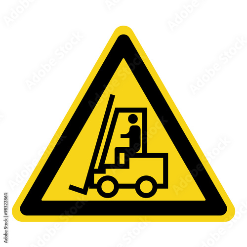 Forklift truck sign. Symbol of threat alert. Hazard warning icon. Black lift-truck with the silhouette of a man emblem isolated in yellow triangle on white background. Danger label. Stock Vector 