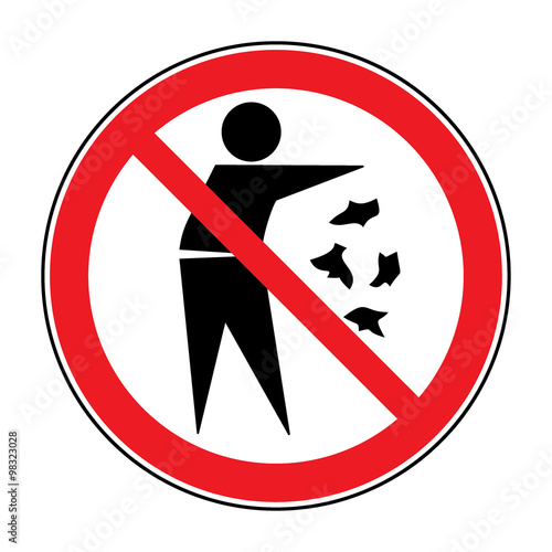 Do not litter sign. Silhouette of a man, throwing garbage, isolated on white background. No littering symbol in red round. Public Information Icon. Vector