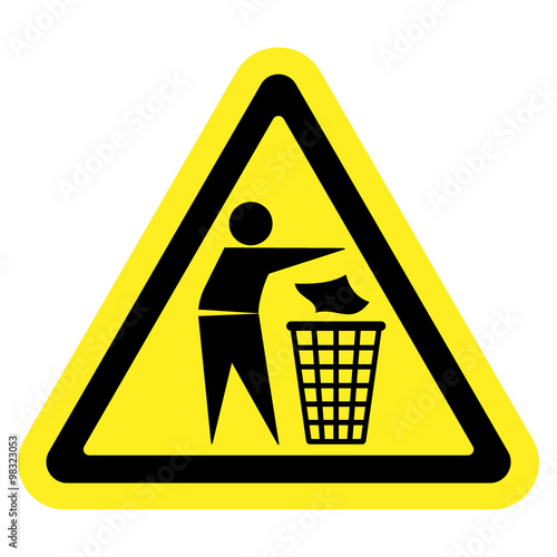 Do not litter sign. Silhouette of a man, throwing garbage in a bin, isolated on yellow background. No littering symbol in triangle. Public Information Icon. Vector
