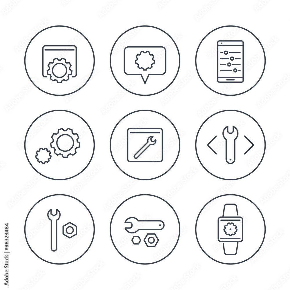settings, tools, service line icons in circles, vector illustration settings, tools, service line icons in circles, vector illustration