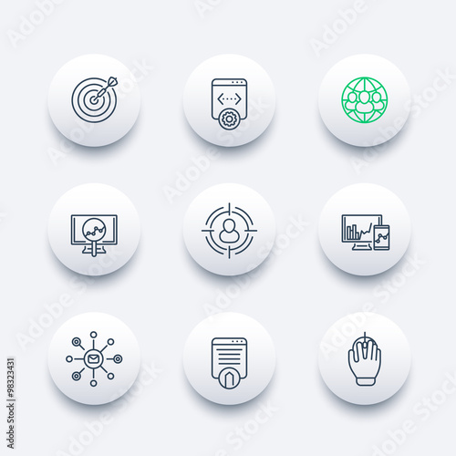 seo line round modern icons, search engine optimization, internet marketing, web page indexing