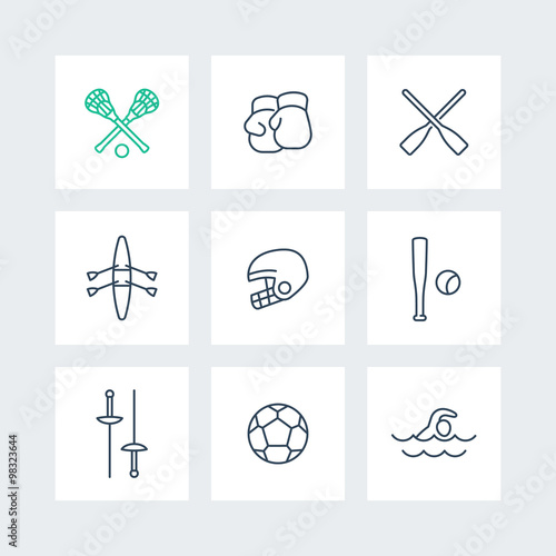 sports and games line icons in squares, vector illustration