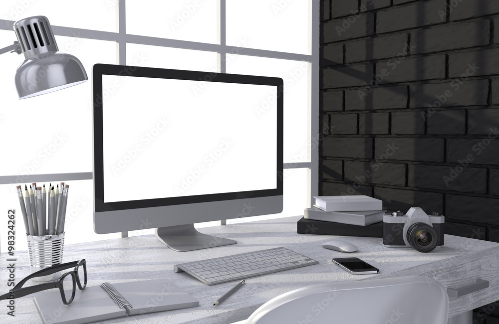 Fototapeta premium 3D illustration PC screen on table in office, Workspace