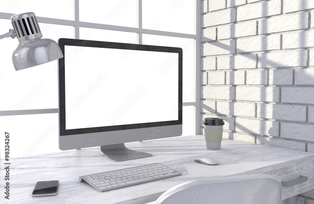 Fototapeta premium 3D illustration PC screen on table in office, Workspace