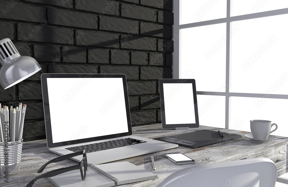 Fototapeta premium 3D illustration laptop and work stuff on table near brick wall, Workspace