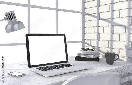 Wallpaper Mural 3D illustration laptop and work stuff on table near brick wall, Workspace Torontodigital.ca