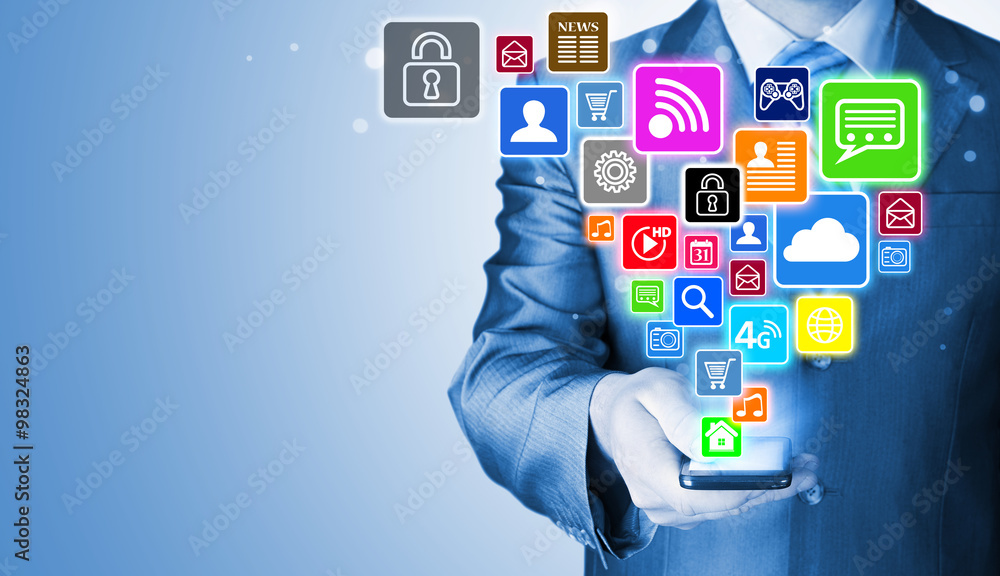Business man using smart phone with social media icon set Business man using smart phone with social media icon set