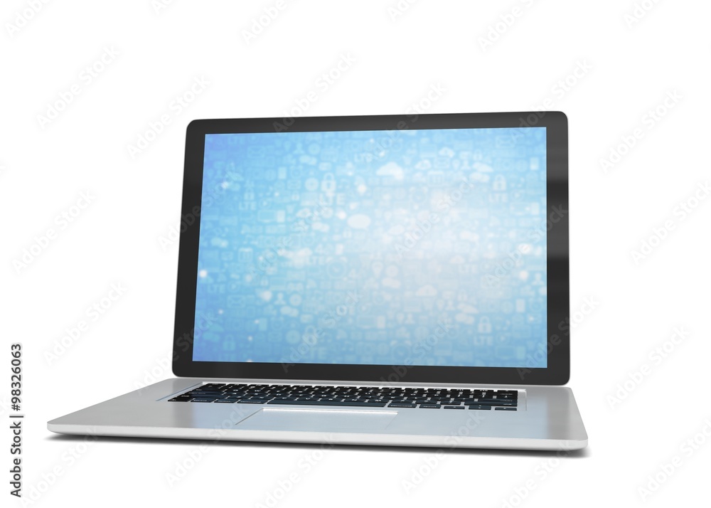 3d rendering of a laptop with blue wallpaper with app icon 3d rendering of a laptop with blue wallpaper with app icon
