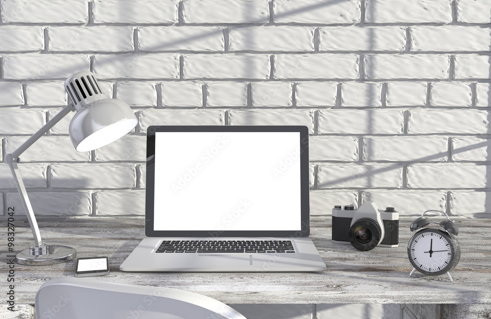 Fototapeta premium 3D illustration laptop and work stuff on table near brick wall, Workspace
