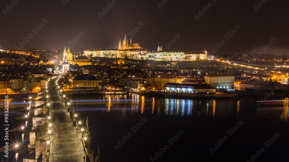 Aerial sunset view on Charles Bridge and Prague Castle, Czech Republic Aerial sunset view on Charles Bridge and Prague Castle, Czech Republic