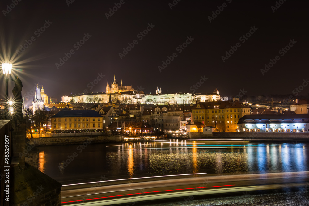Night view on Charles Bridge and Prague Castle, Czech Republic