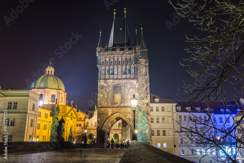 Historic center of Prague from Charles bridge at night