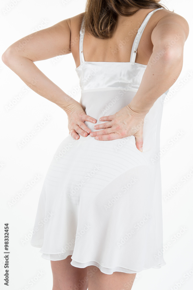 Sick young woman with suffering from backache. backbone pain with blank copy space. Thai girl, isolated on white background Sick young woman with suffering from backache. backbone pain with blank copy space. Thai girl, isolated on white background
