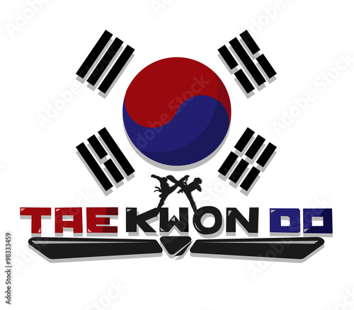 Create Taekwondo text graphic with flag Korea Background