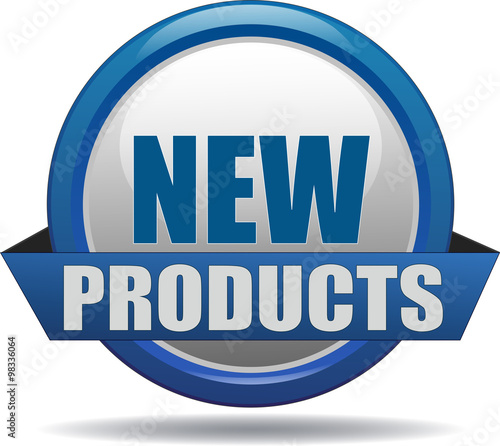 NEW PRODUCTS / realistic modern glossy 3D eps vector sign / icon in blue with a banderole